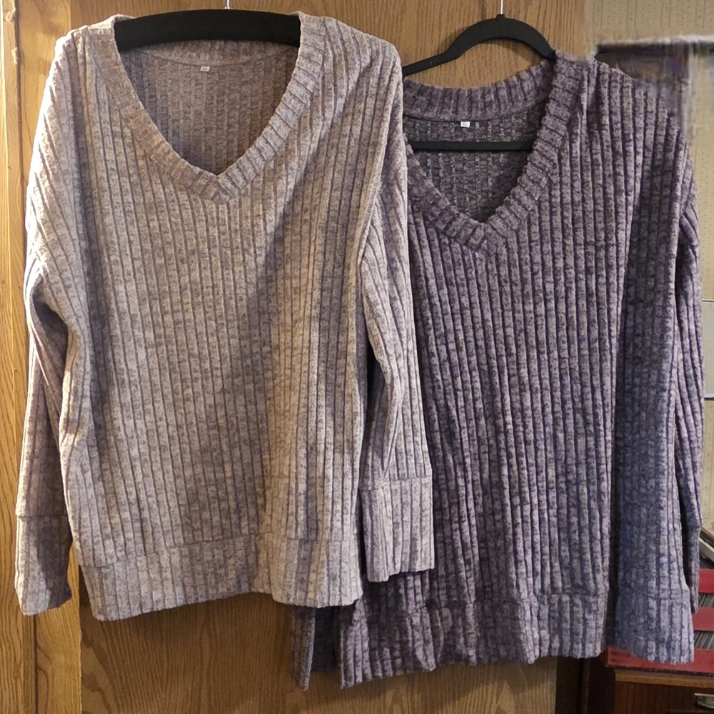 2 Piece Set V-Neck Ribbed Chenille Sweater - Purple And Pink Ombre